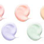 色付き（色つき）の日焼け止めのバルク画像。クリーム、ミルク（乳液）、ジェルタイプ。左からピンク、ピンクベージュ、ベージュ（イエロー）、パープル（紫、ラベンダー）、グリーン（緑）の色がついている。