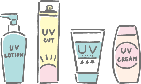 赤みや色素沈着などのニキビ跡を隠す日焼け止めのイラスト。ニキビ跡を消す日焼け止めにはUVローション（ローションタイプ）、UVスプレー（スプレータイプ）、UVジェル（ジェルタイプ）、UVクリーム（クリームタイプ）、UVスティック（スティックタイプ）などのタイプがある。