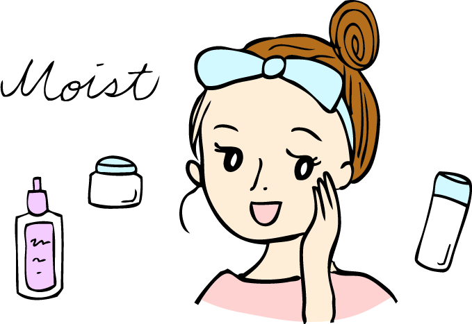 洗顔料で洗顔した後に、保湿でアクネケアをする女性のイラスト。洗顔をしたら、化粧水（ローション）、乳液（ミルク）などですぐに保湿しましょう。その後に保湿クリームを使います。 